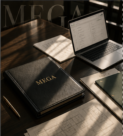 Executive MEGA workspace with planning documents, a laptop, and a MEGA portfolio